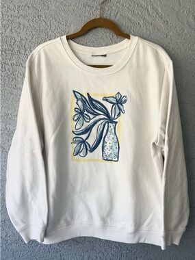 Cream Floral Graphic Art Teacher Crew Neck Sweatshirt Cottagecore Oversized XL